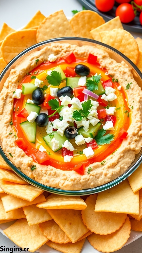 7 layer feta dip with colorful layers of vegetables and feta, served with pita chips.